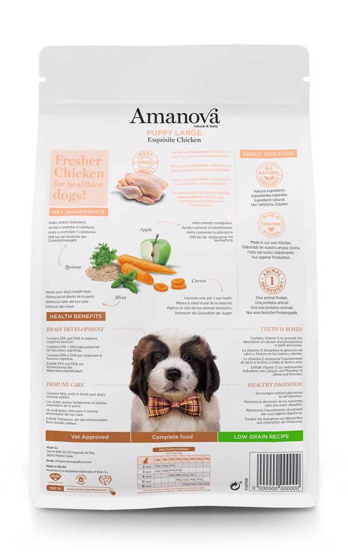 Amanova Puppy Large Exquisite Chicken Low Grain Xira Trofi me Lig Sitira ga Koutabia Meglosomon Fulon me Kotopoulo 12kg 